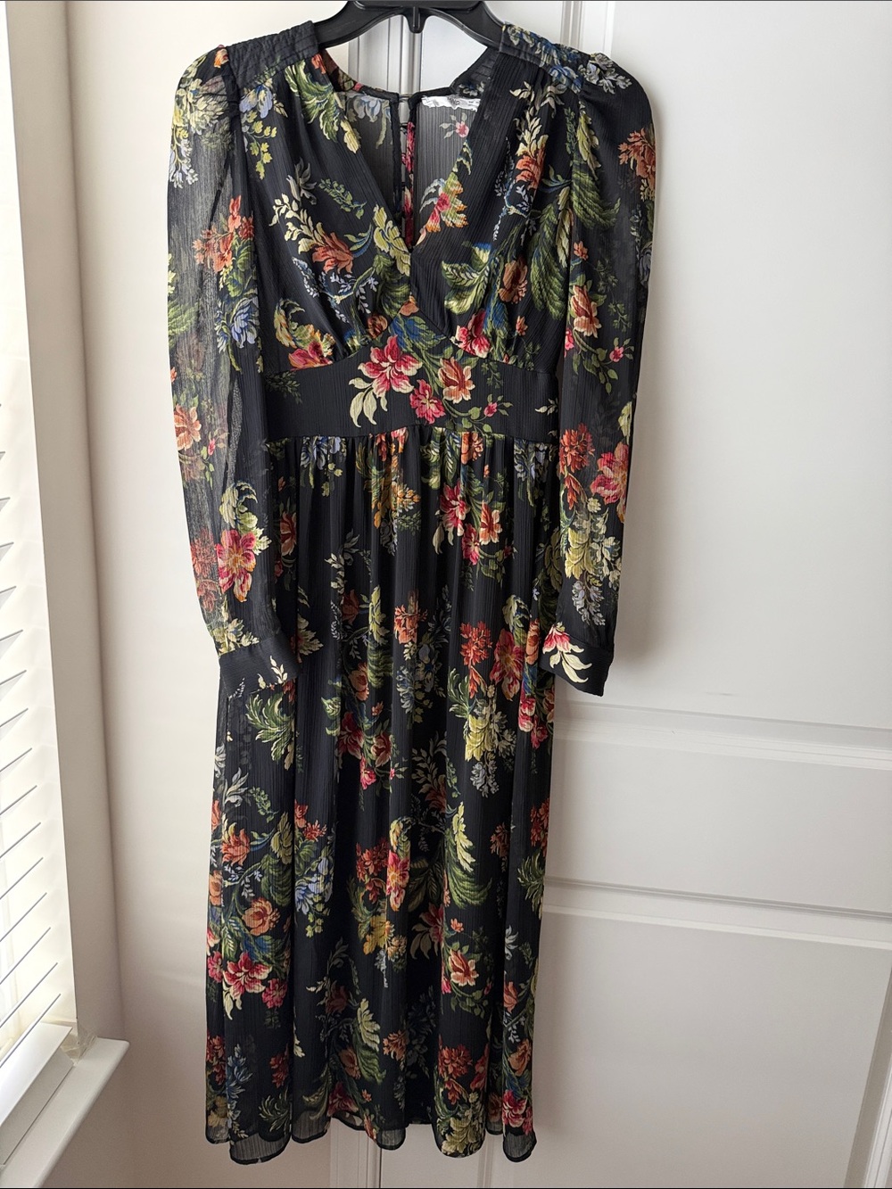 Mango Black Floral Long Sleeve V-Neck Midi Dress